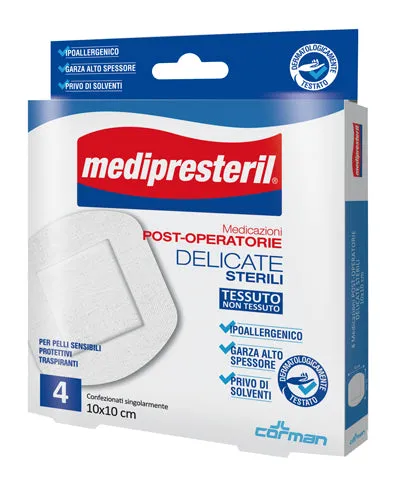 CEROTTO DI MEDICAZIONE STERILE CON SUPPORTO IN TNT MEDIPRESTERIL POSTOPERATORIO DELICATO 10X10 CM 4 PEZZI