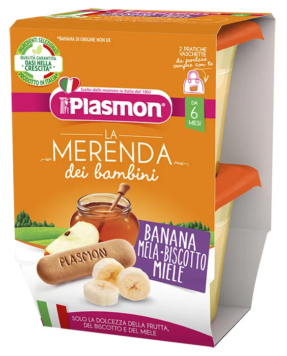 PLASMON LA MERENDA DEI BAMBINI MERENDE BANANA MELA BISCOTTO MIELE ASETTICO 2 X 120 G