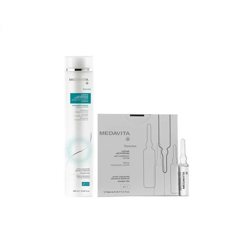 Medavita Puroxine Shampoo Antiforfora ad azione istantanea 250ml + Fiale 12x6ml - kit antiforfora per tutti tipi di forfora