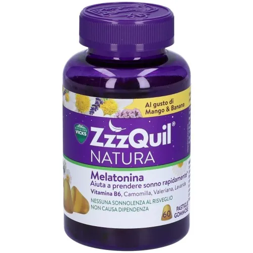 ZzzQuil NATURA Per Dormire  con Melatonina Camomilla Valeriana Lavanda - Confezione 60 Gommose Gusto  Mango Banana