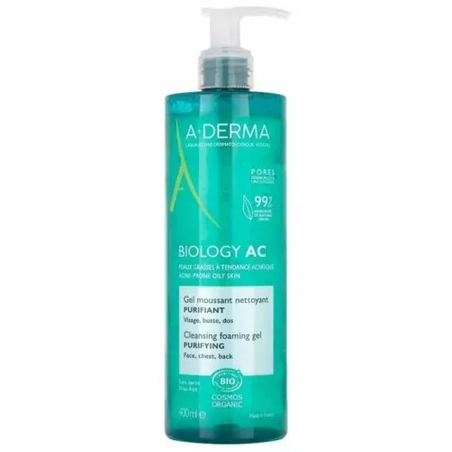 A-derma Biology AC - Gel detergente pufiricante indicato per pelle grassa a tendenza acneica - Flacone con dispenser 400 ml