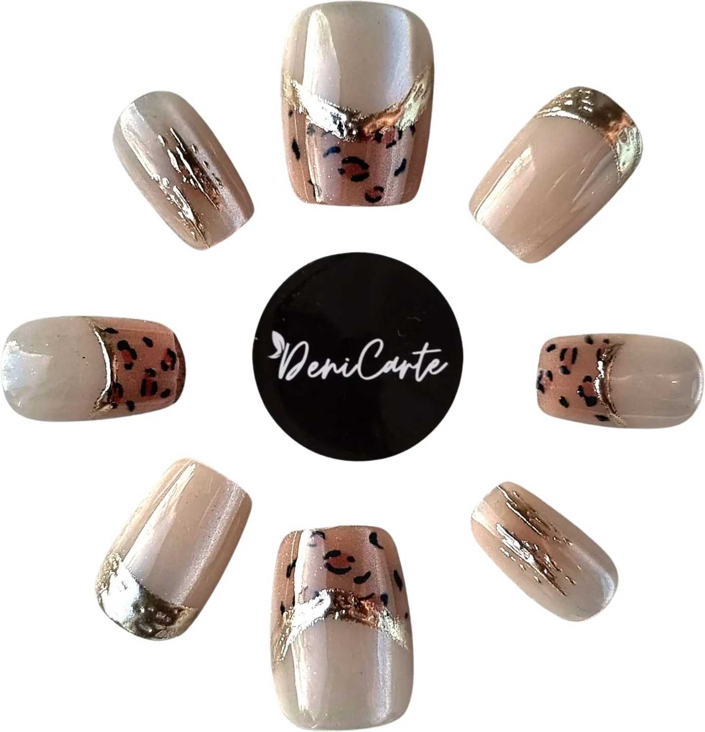 Unghie finte, quadrate, french con motivo animalesco, 30 pezzi