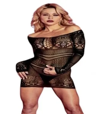 Abito erotico a rete, elastico, manica lunga, nero